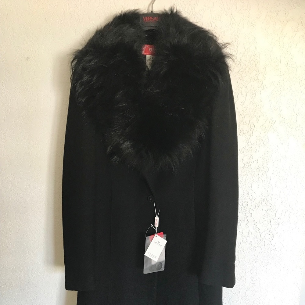 NWT Versace Couture Black Trench Coat w/Fur Collar